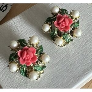 Vintage Carved Rose Faux Coral Celluloid Faux Pearl Enamel Brooch Pin Earrings